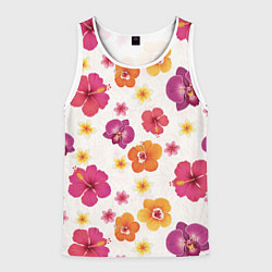 Майка-безрукавка мужская Тропический букет - узор с яркими гибискусами и ор, цвет: 3D-белый