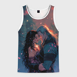 Майка-безрукавка мужская Йеннифэр и Геральт и розовые лепестки, цвет: 3D-белый