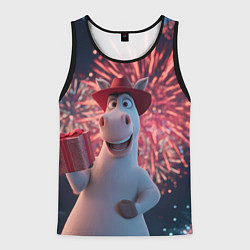 Майка-безрукавка мужская Лошадь с подарком на фоне салюта, цвет: 3D-черный