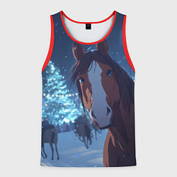 Мужская майка без рукавов Лошадь на фоне новогодней елки