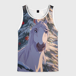Мужская майка без рукавов Белая лошадь на фоне елки