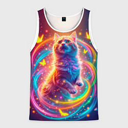 Майка-безрукавка мужская Игривый кот в неоновых всполохах, цвет: 3D-белый