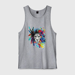 Майка мужская хлопок Лев в цветах и перьях, цвет: меланж