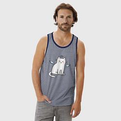 Майка мужская хлопок КОТИК АНГЕЛ CAT ANGEL, цвет: синяя тельняшка — фото 2