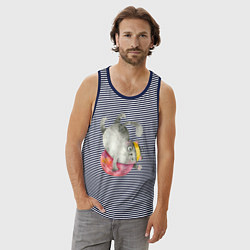 Майка мужская хлопок Забавный кот с клубком, цвет: синяя тельняшка — фото 2