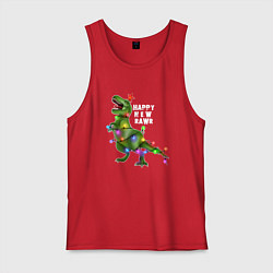 Майка мужская хлопок Новогодний динозавр елочка гори, цвет: красный