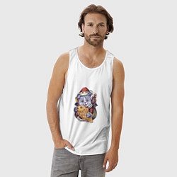 Майка мужская хлопок Новогодний котик с рыбкой, цвет: белый — фото 2