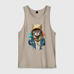 Майка мужская хлопок Кот репер, цвет: миндальный