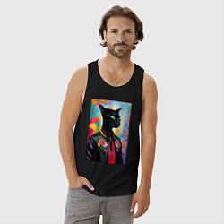 Майка мужская хлопок Кошачья мода - нейросеть, цвет: черный — фото 2