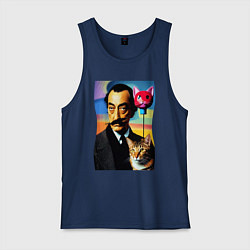 Майка мужская хлопок Salvador Dali and cat, цвет: тёмно-синий