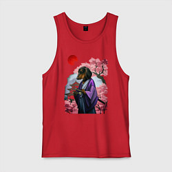 Майка мужская хлопок Такса-Самурай весенняя на фоне сакуры, цвет: красный