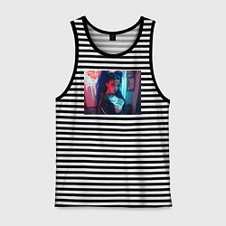 Мужская майка Девушка с синими волосами: неоновый киберпанк