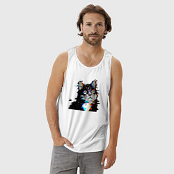 Майка мужская хлопок Pixel cat, цвет: белый — фото 2