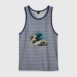 Майка мужская хлопок Годзилла в Большой волне у Канагавы, цвет: синяя тельняшка