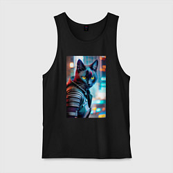 Майка мужская хлопок Модный котик на фоне городских огней, цвет: черный