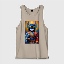 Майка мужская хлопок Кот-самурай - нейросеть, цвет: миндальный