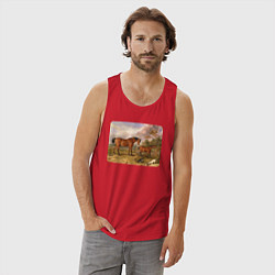 Майка мужская хлопок Две лошади и две собаки, цвет: красный — фото 2