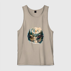 Майка мужская хлопок Японские дома на фоне гор в стиле моротай, цвет: миндальный