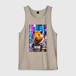 Майка мужская хлопок Cool capybara - urban style - neural network, цвет: миндальный