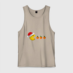 Майка мужская хлопок Новогодний пэкмэн с мандаринами, цвет: миндальный