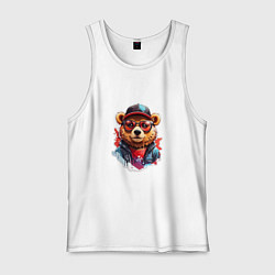 Майка мужская хлопок Модный медведь в кепке и в очках, цвет: белый