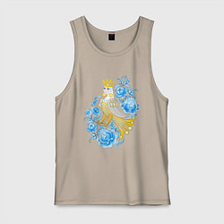 Майка мужская хлопок Птица Сирин в цветах по мотивам гжельской росписи, цвет: миндальный