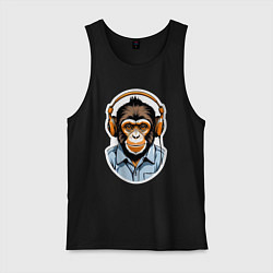 Майка мужская хлопок Портрет обезьяны в наушниках, цвет: черный