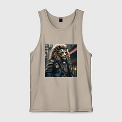 Майка мужская хлопок Лев в кожаном костюме в стиле стимпанк, цвет: миндальный