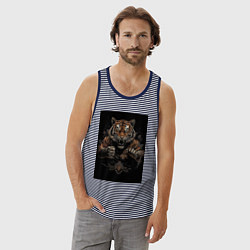 Майка мужская хлопок Тайский бокс тигр в стойке, цвет: синяя тельняшка — фото 2