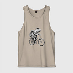 Майка мужская хлопок Капибара на велосипеде в черном цвете, цвет: миндальный