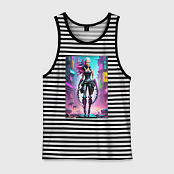 Майка мужская хлопок Кибер чувиха на своём районе - нейросеть, цвет: черная тельняшка