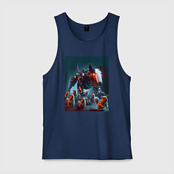 Майка мужская хлопок Кибер бультерьер защищает белок - нейросеть, цвет: тёмно-синий