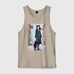 Майка мужская хлопок Девочка с кошкой в городе - нейросеть, цвет: миндальный