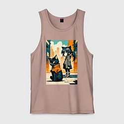 Майка мужская хлопок Кот и девочка гуляют на своём районе - нейросеть, цвет: пыльно-розовый