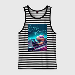 Майка мужская хлопок Капибара гонщик - нейросеть, цвет: черная тельняшка