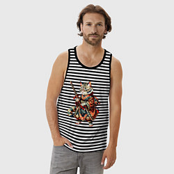 Майка мужская хлопок Кот ниндзя - японский воин, цвет: черная тельняшка — фото 2