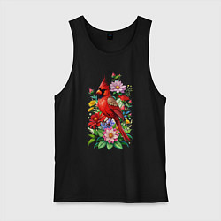 Майка мужская хлопок Птица красный кардинал среди цветов, цвет: черный