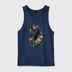 Майка мужская хлопок Черная пантера среди цветов, цвет: тёмно-синий