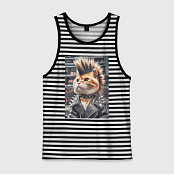 Майка мужская хлопок Прикольный котик панк - нейросеть, цвет: черная тельняшка