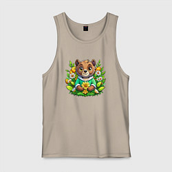 Майка мужская хлопок Медведь среди цветов, цвет: миндальный