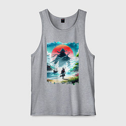 Майка мужская хлопок Призрак Цусимы - самурай на берегу озера, цвет: меланж