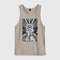 Майка мужская хлопок Кошка модель на подиуме в белом плаще дефиле живот, цвет: миндальный