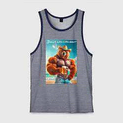 Майка мужская хлопок Медведь бодибилдер в соломенной шляпе с кружкой пи, цвет: синяя тельняшка