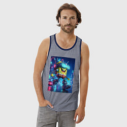 Майка мужская хлопок Cyber Sponge Bob - neon glow fantasy, цвет: синяя тельняшка — фото 2