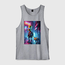 Майка мужская хлопок Барт Симпсон гуляет с роботом котом в ночном город, цвет: меланж