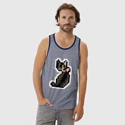 Майка мужская хлопок Милая пиксельная кошка с розовым ошейником, цвет: синяя тельняшка — фото 2