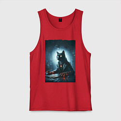 Майка мужская хлопок Кибер кот за компьютером - неоновое свечение, цвет: красный