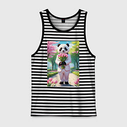 Майка мужская хлопок Панда с букетом тюльпанов, цвет: черная тельняшка