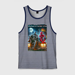 Майка мужская хлопок Разговор Бэтмена и человека паука на капоте автомо, цвет: синяя тельняшка