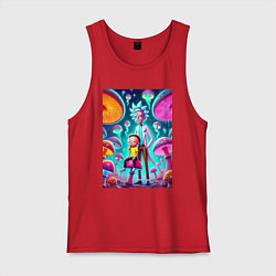 Майка мужская хлопок Морти сидит на грибе рядом с Риком, цвет: красный